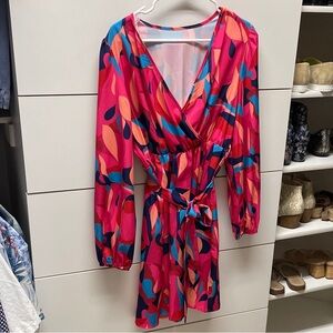 SHEIN Pink and Blue Patterned Wrap Dress